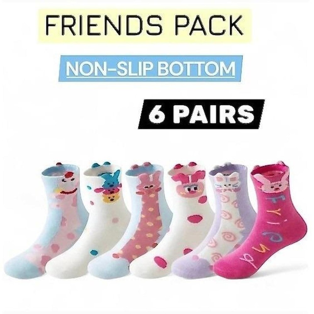 Girls Grip Anti-slip Animal Whimsical Funny Critter Pack Cotton Socks 5-8 YO 6pk